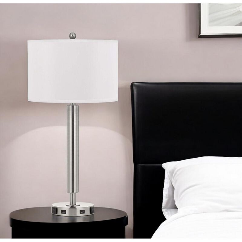 Hivvago 30" Nickel Metal Cylinder USB Table Lamp With White Drum Shade