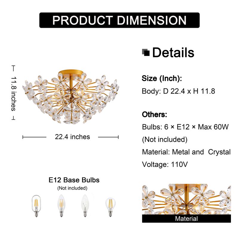 Bibiana Modern 6-Light Daisy Clear Crystals Large Size Flush Mount - Medium‑gloss Brushed Brass Finish image number 7