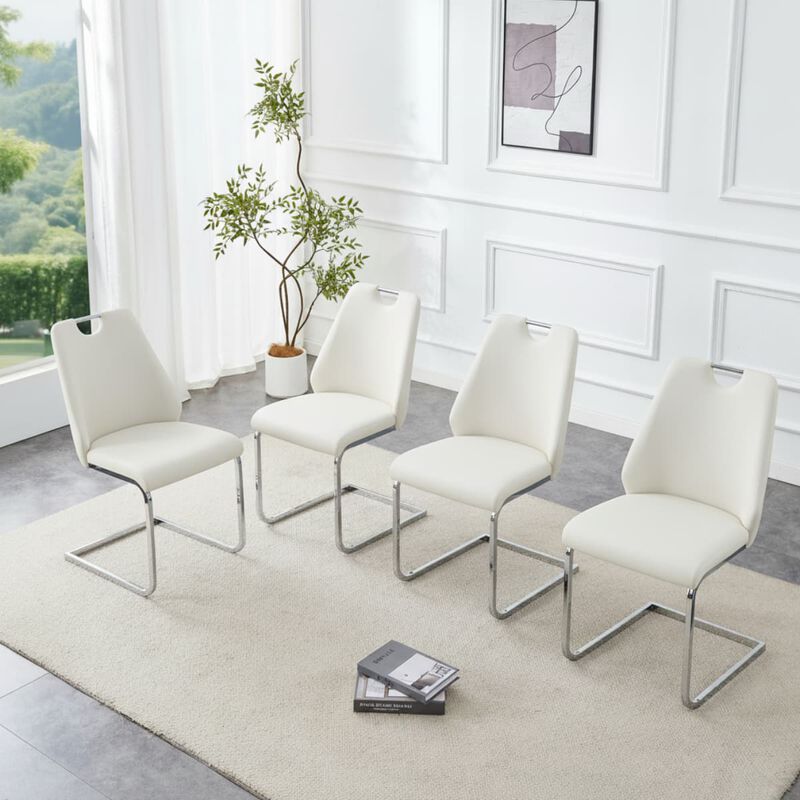 Set of 2 PU Leather Dining Chairs, High Back Upholstered Dining Chair with Ring Pull Handle, Modern Rectangular Back Dining Chair image number 3