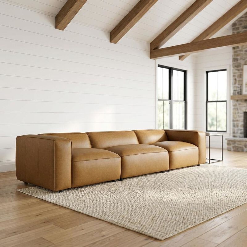 Upholstered Vegan Leather Modular Sectional Sofa with Mid-Century Style, Camel image number 3