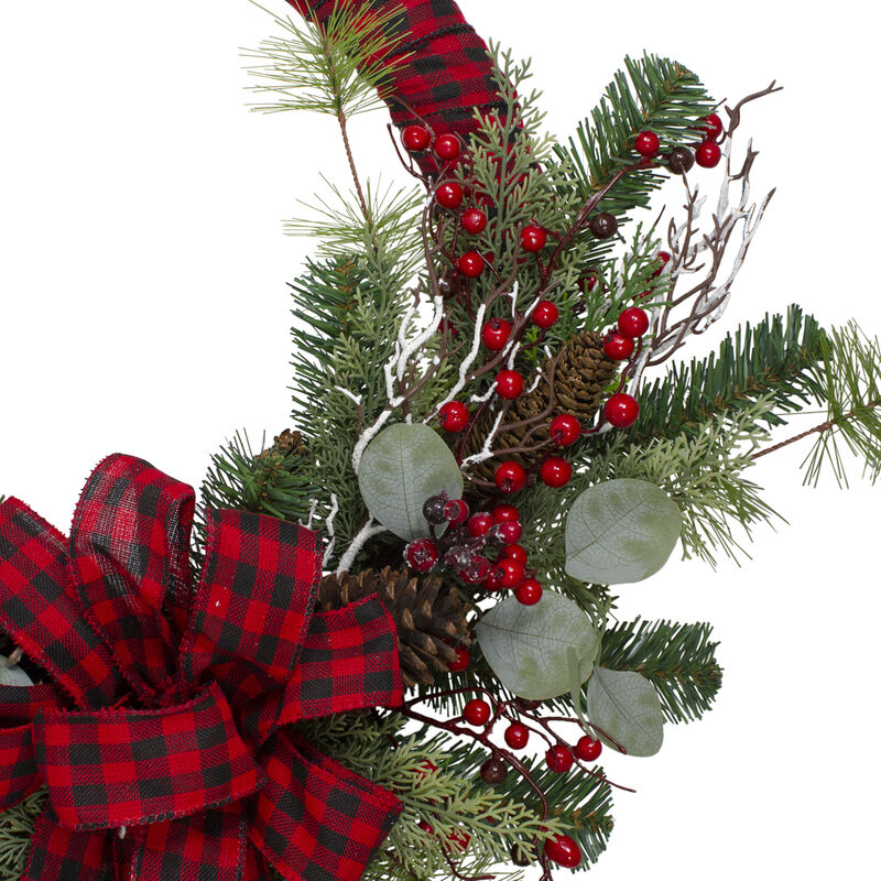 Red and Black Buffalo Plaid and Berry Artificial Christmas Wreath - 24-Inch  Unlit
