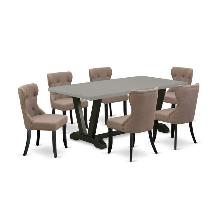 East West Furniture 7-Pc Dining Room Table Set- 6 Kitchen Parson Chairs with Coffee Linen Fabric Seat and Button Tufted Chair Back - Rectangular Table Top & Wooden Legs - Cement and Wire b