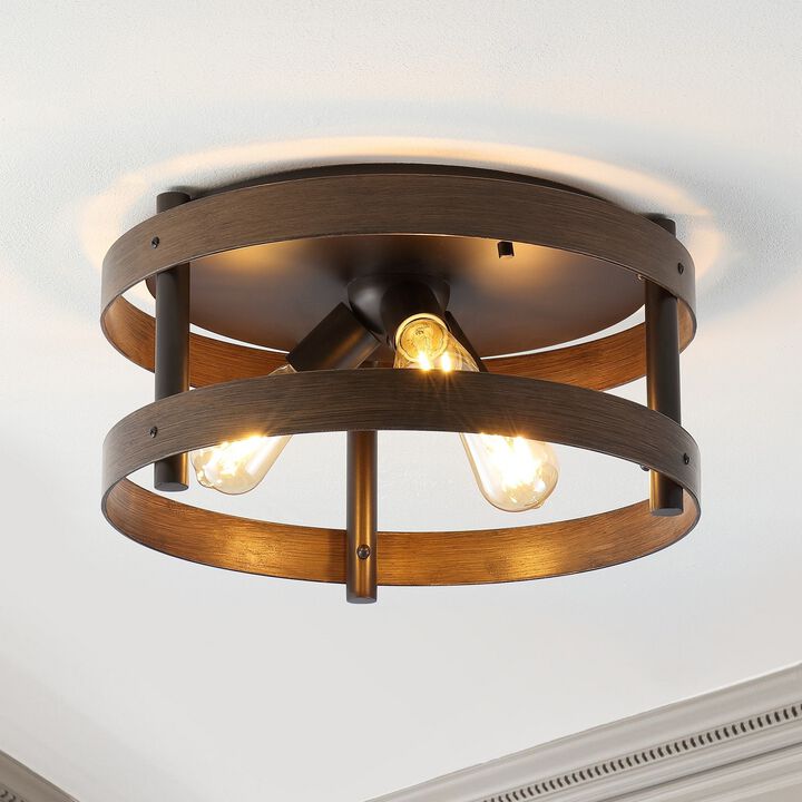 Cooper 16" 3-Light Farmhouse Industrial Iron LED Flush Mount, Brown Wood Finished/Oil Rubbed Bronze