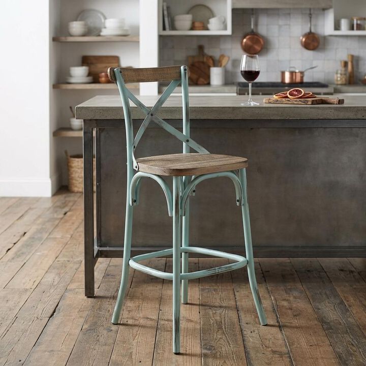 HomeRoots 21" Brown And Sky Blue Solid Wood And Metal Bar Chair