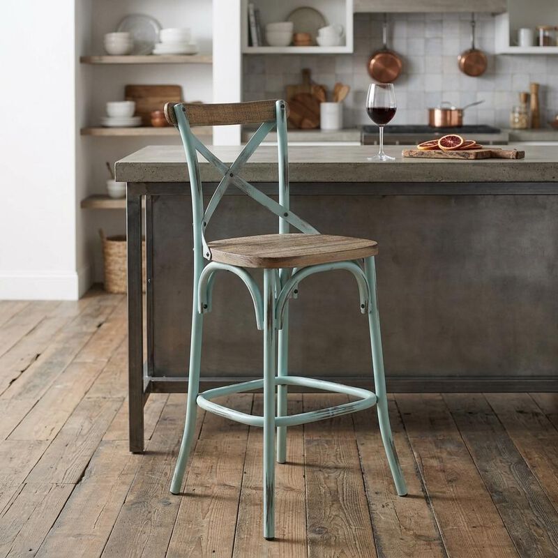 HomeRoots 21" Brown And Sky Blue Solid Wood And Metal Bar Chair image number 1