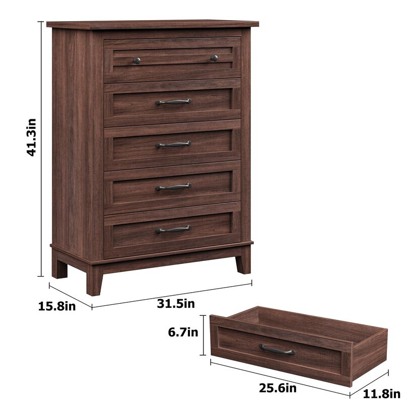 5-Drawer Tall Vertical Dresser, 41.3" Freestanding Wooden Storage Chest for Bedroom, Living Room & Entryway image number 4