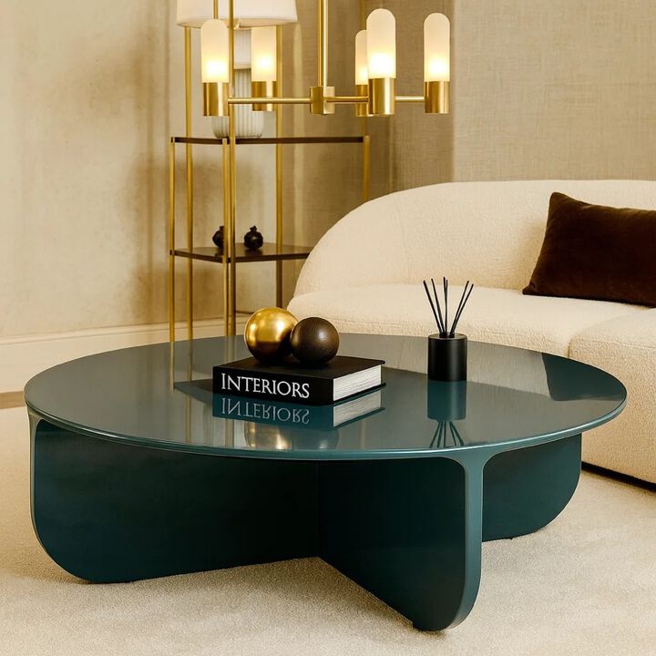 Lemy Coffee Table. 39 Inch Round Top with Pedestal Base, Teal Blue Wood