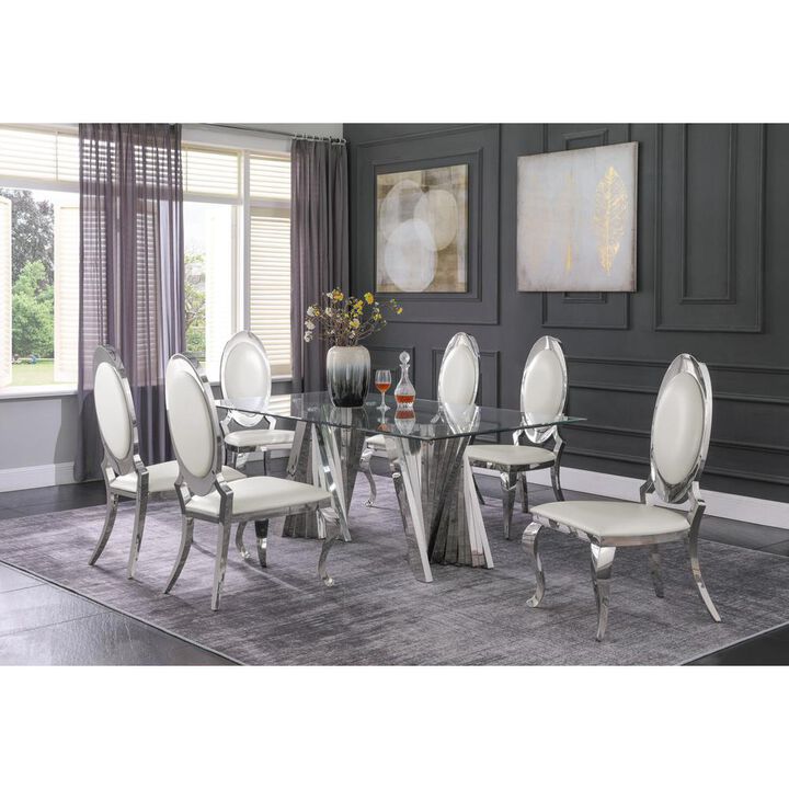 Classic 7pc Dining Set w/Faux Leather Side Chair, Glass Table w/ Silver Spiral Base, White