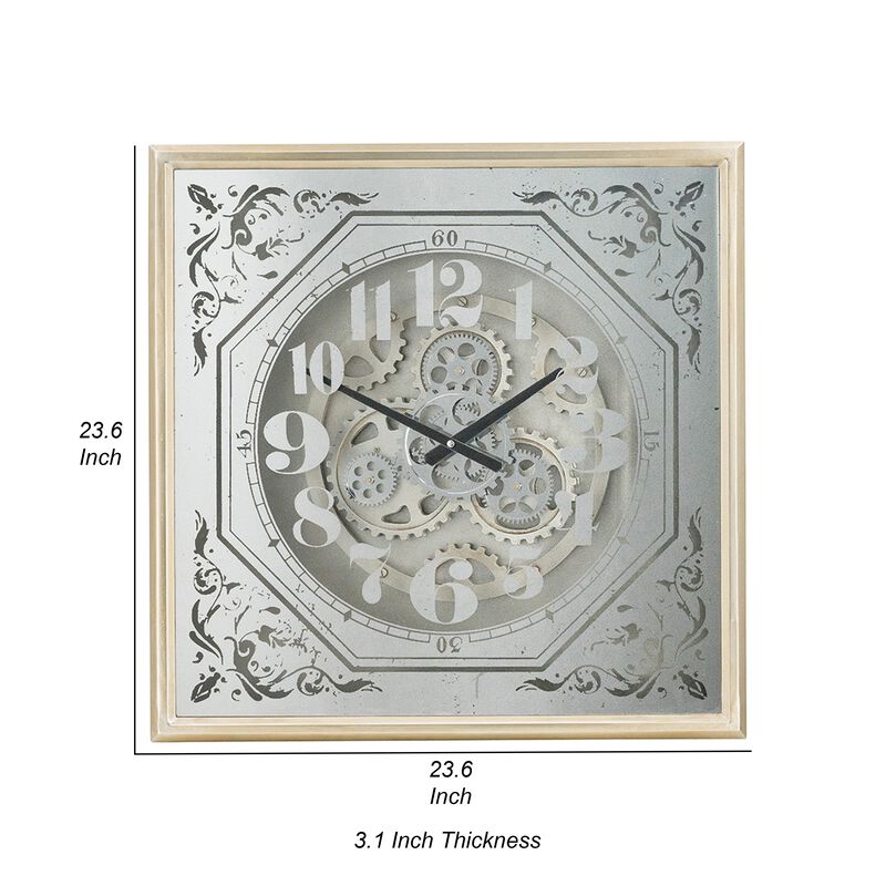 Viry 24 Inch Square Wall Clock, Analog Gear Design, Black White Iron Finish - Benzara