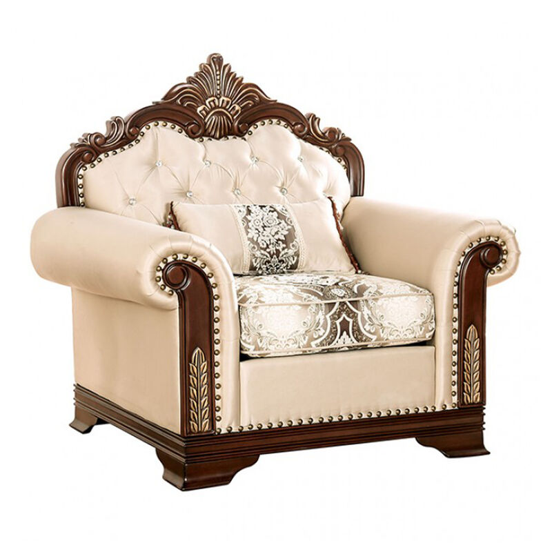 Catie Accent Chair, Beige Rolled Arms, Nailhead, Cherry Brown Solid Wood image number 0