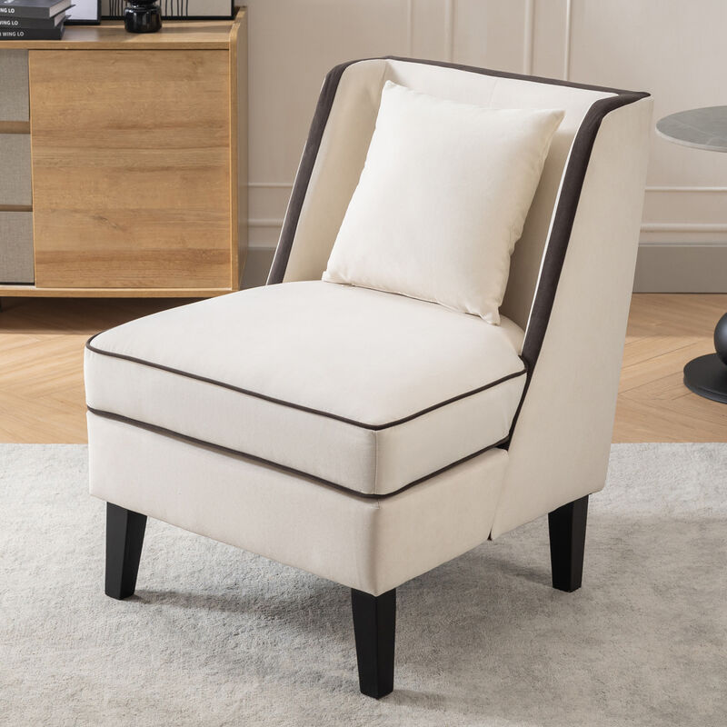 Velvet Upholstered Accent Chair with Cream Piping, Cream and Black