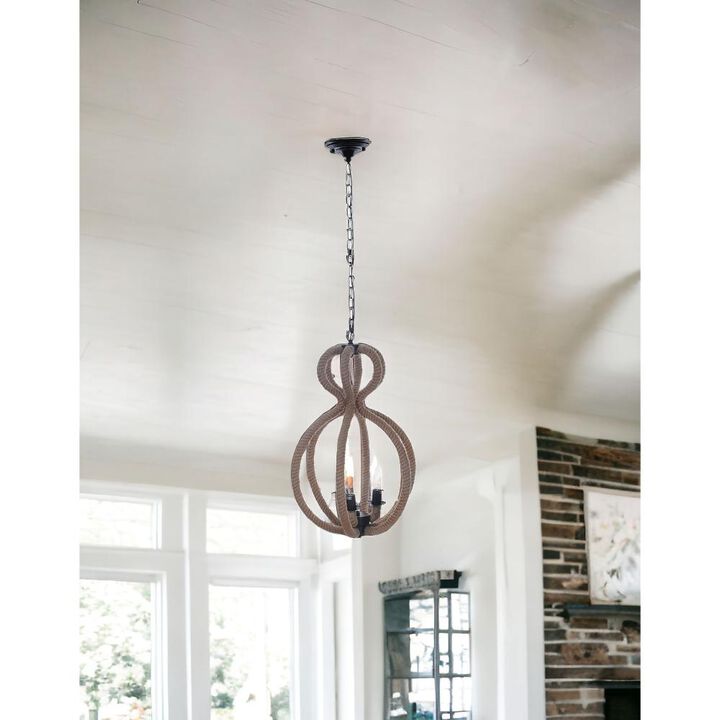 Hivvago Natural and Black Iron and Rope Three Light Ceiling Light