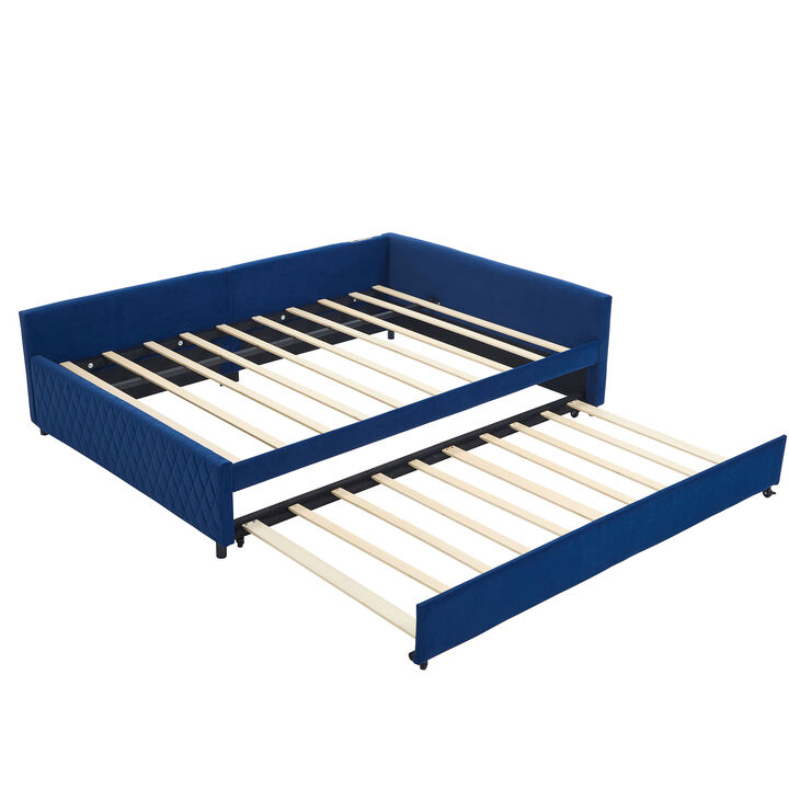 Merax Upholstered Daybed with Trundle,sturdy wooden bed frame, modern diamond grid design