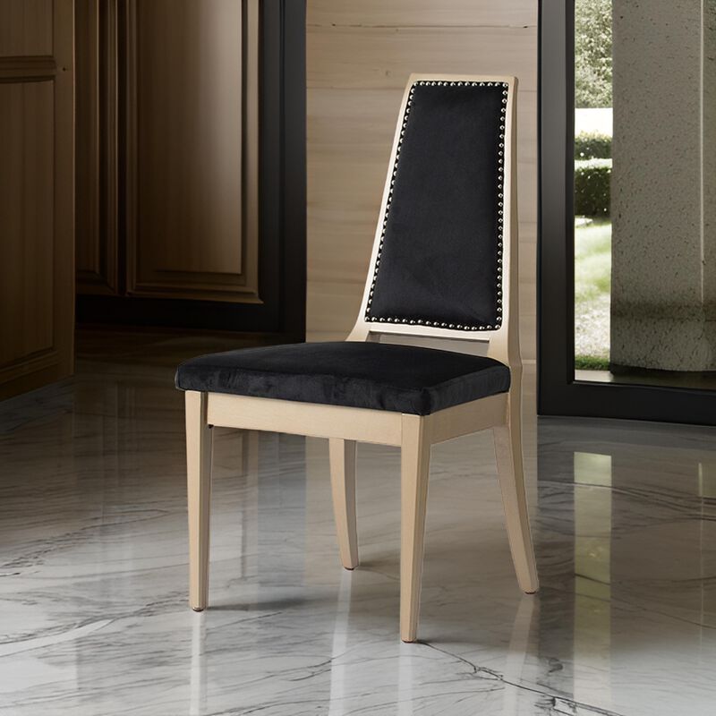 23 Inch Side Dining Chair, Black Soft Velvet Upholstery, Beige Rubberwood - Benzara