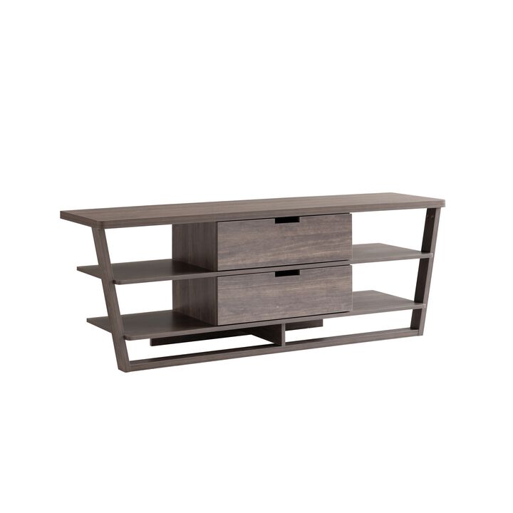 60 Inch TV Media Entertainment Console, 4 Floating Shelves, 2 Drawer, Brown-Benzara