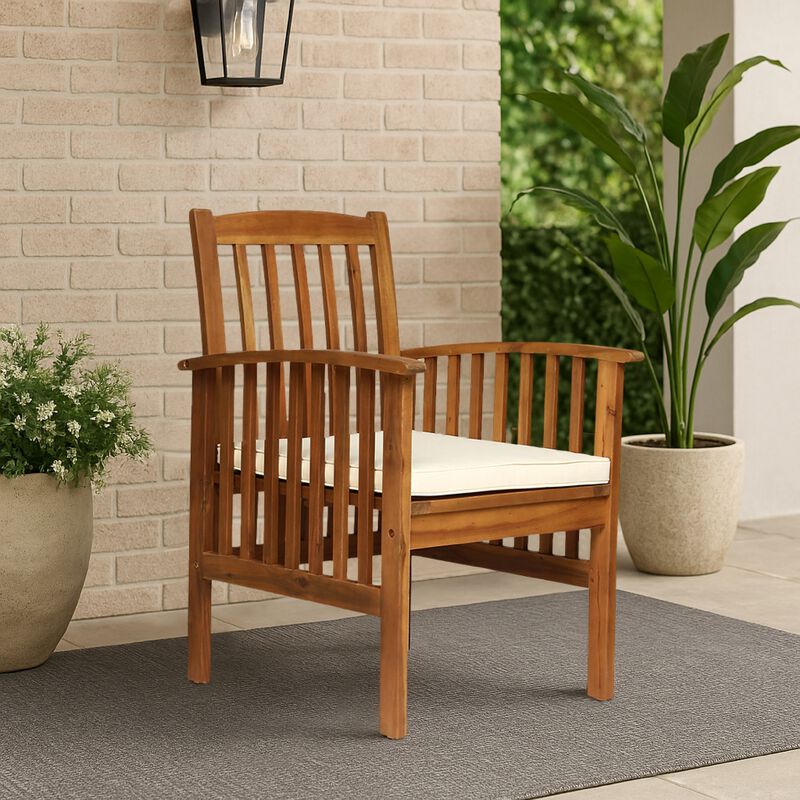 Gerry Dining Chair, Traditional Slat Design Brown Acacia Wood, Beige Fabric - Benzara