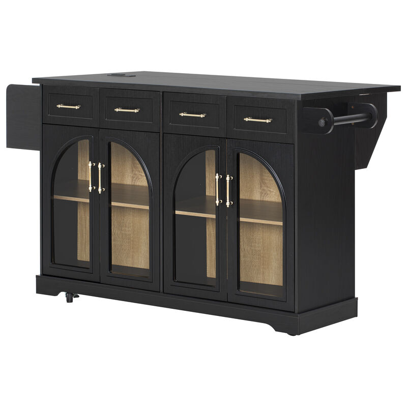 Merax Rolling Kitchen Island with Arched Tempered Glass Display Cabinets, Adjustable Shelves image number 0