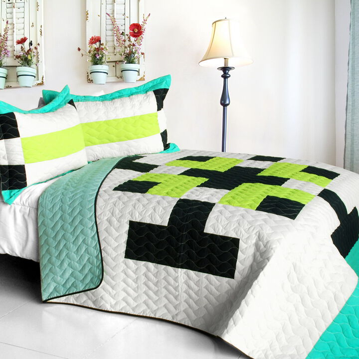 Vermicelli Quilted Geometric Quilt Set Tetris C Style for Full Beds