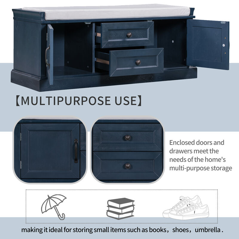 Storage Bench with 2 Drawers and 2 Cabinets, Shoe Bench with Removable Cushion for Living Room, Entryway (Antique Navy)