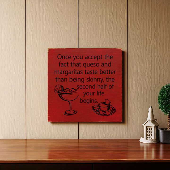Funny Queso and Margarita Quote Wood Sign Kitchen Wall Decor