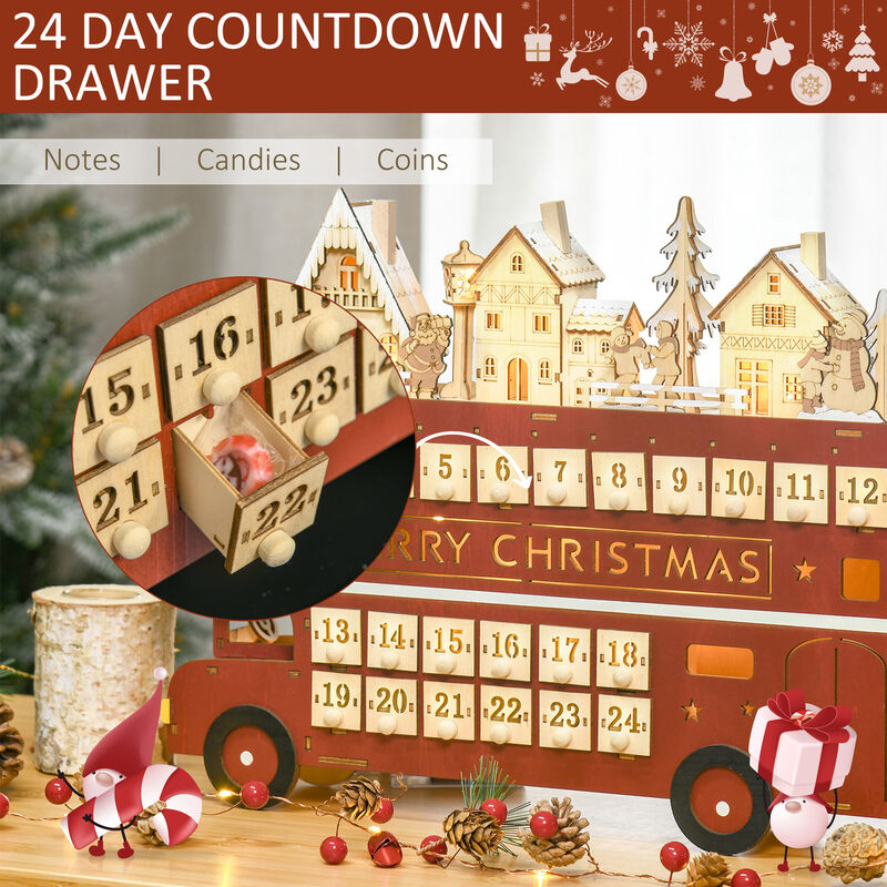 Christmas Advent Calendar, Light Up Wooden Bus Decoration w/ Village & Drawers