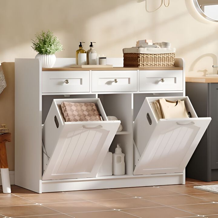 Laundry Hamper Cabinet with 3 Drawers, Dual Baskets and Shelves