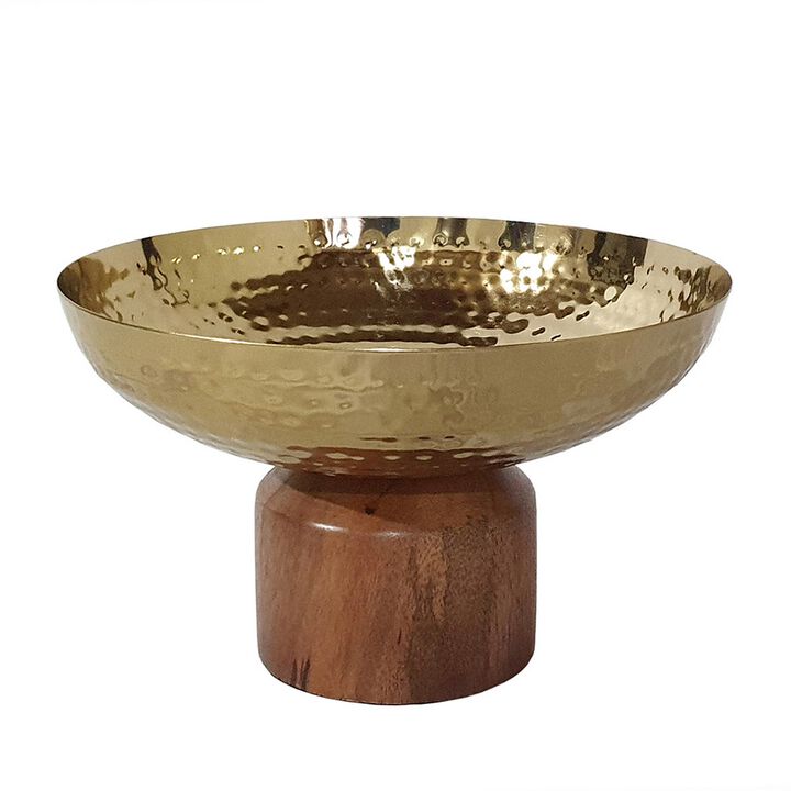 Roe 8 Inch Small Acacia Wood Table Bowl, Steel, Decorative, Gold and Brown - Benzara