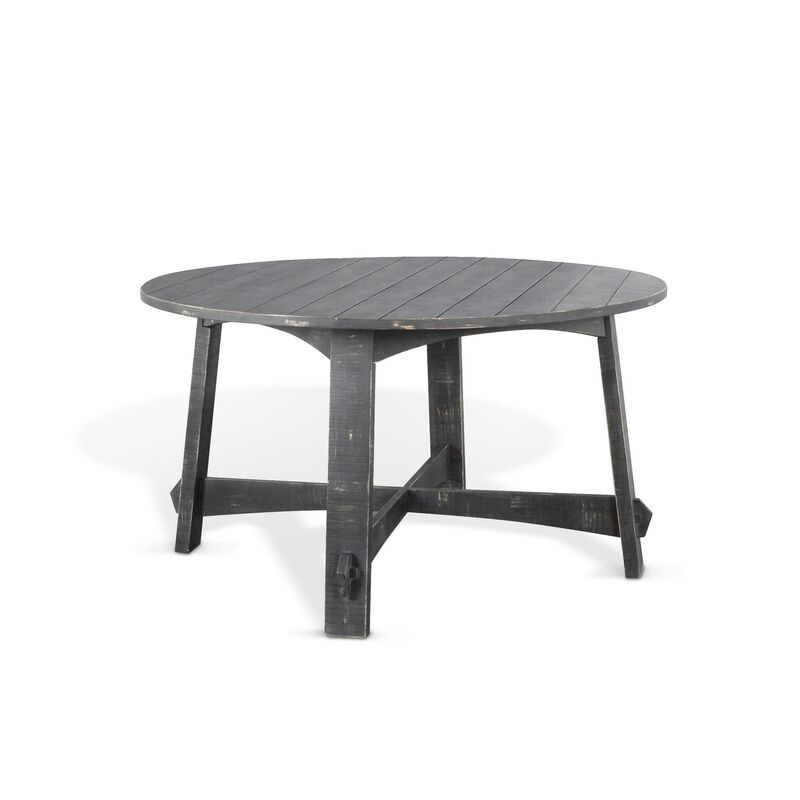 Rena Dining Table, 54 Inch Round Planked Black Smoke Mahogany Wood - Benzara