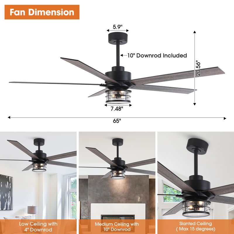 65" Black Wooden 5-Blade Industrial Ceiling Fan with Light and Remote