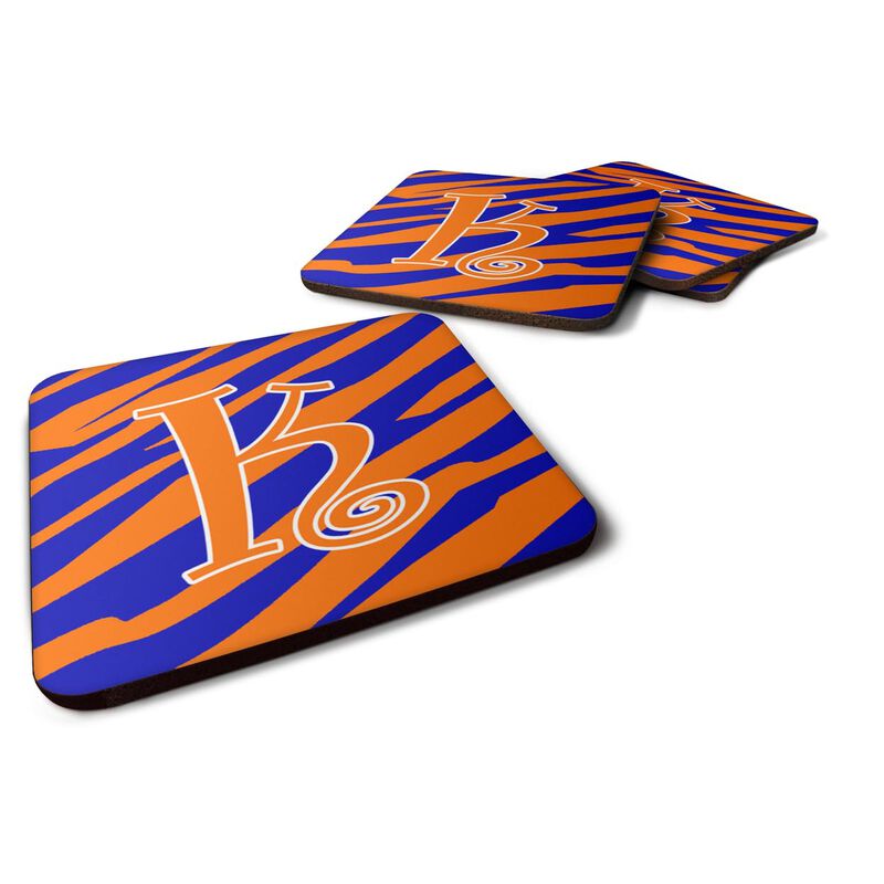 Caroline's Treasures CJ1036-KFC Monogram-Tiger Stripe Blue and Orange Foam Coasters (Set of 4), Initial Letter K, 3.5 H x 3.5 W, Multicolor
