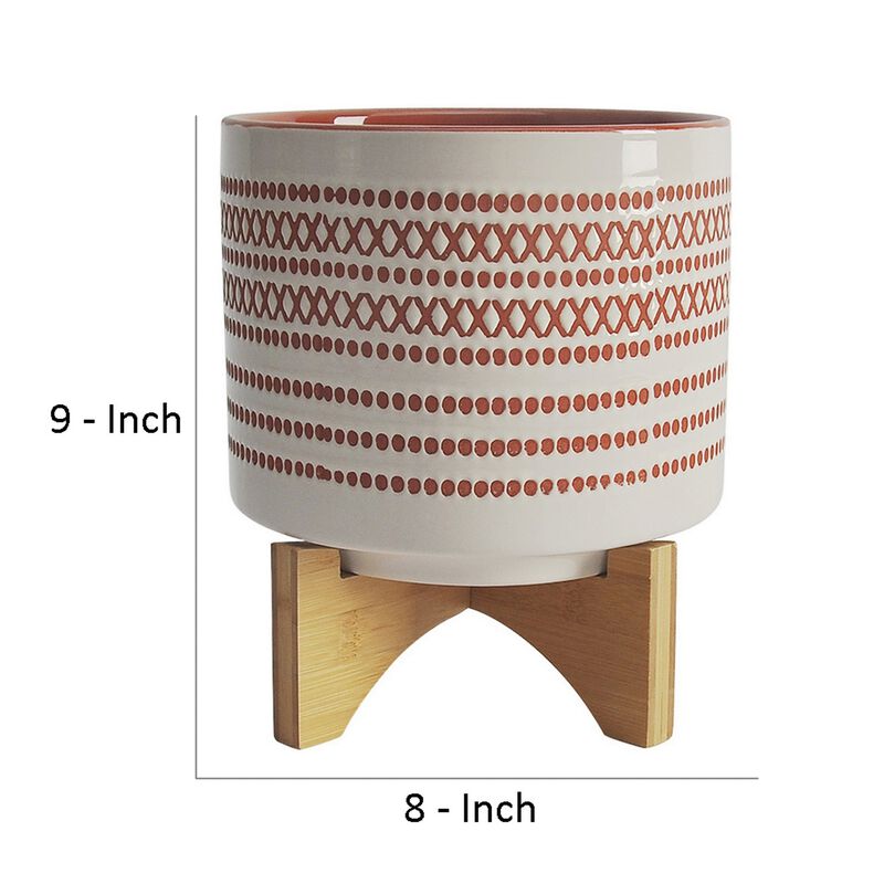 Ceramic Planter with Engraved Tribal Pattern and Wooden Stand, Large, Orange-Benzara