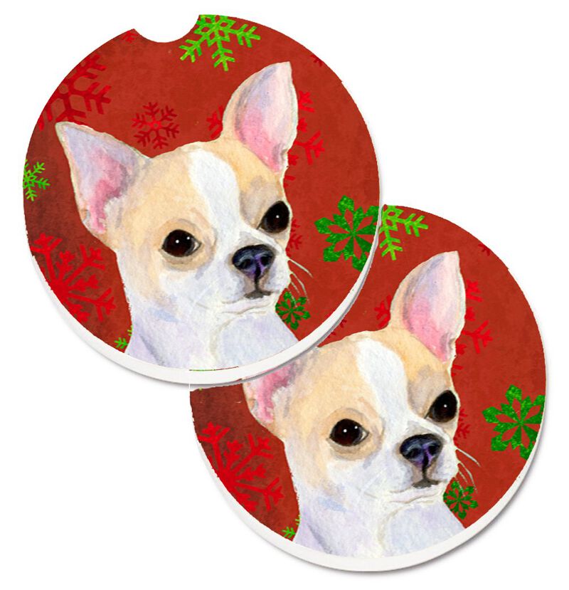 Caroline's Treasures Chihuahua Red & green Snowflakes Holiday Christmas Set of 2 Cup Holder Car Coasters SS4681CARC, 2.56, Multicolor image number 0