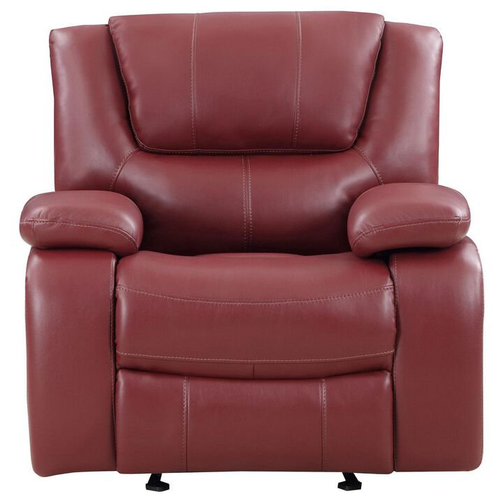 Mila 38 Inch Manual Recliner Accent Sofa Chair, Red Faux Leather, Wood - Benzara