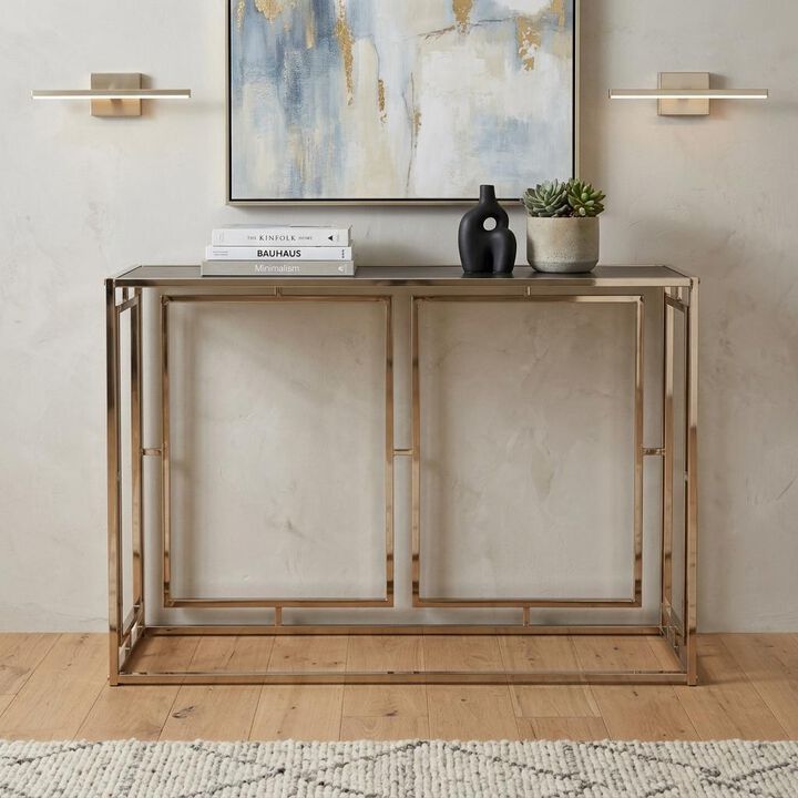 HomeRoots 44" Champagne and Gold Faux Marble and Metal Frame Console Table