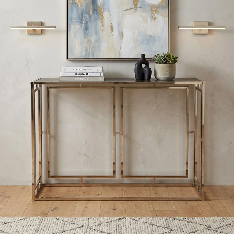 HomeRoots 44" Champagne and Gold Faux Marble and Metal Frame Console Table image number 1