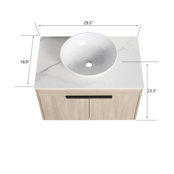 30 " Modern Design Float Bathroom Vanity With Ceramic Basin Set, Wall Mounted White Oak Vanity With Soft Close Door, KD-Packing, KD-Packing,2 Pieces Parcel(TOP-BAB321MOWH)