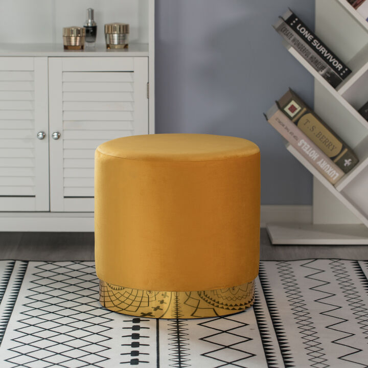 Modern Round Velvet Fabric Standard Ottoman Stool with Gold Base, Dark Green