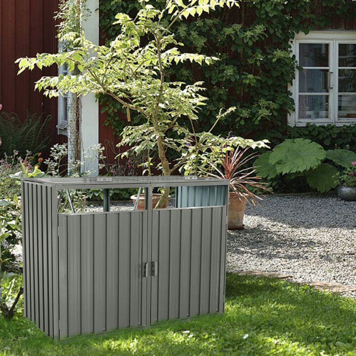 Garbage Bin Shed Stores 2 Trash Cans Metal Outdoor Bin Shed for Garbage Storage