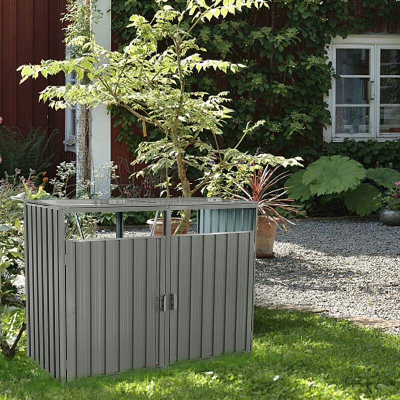 Garbage Bin Shed Stores 2 Trash Cans Metal Outdoor Bin Shed for Garbage Storage image number 1
