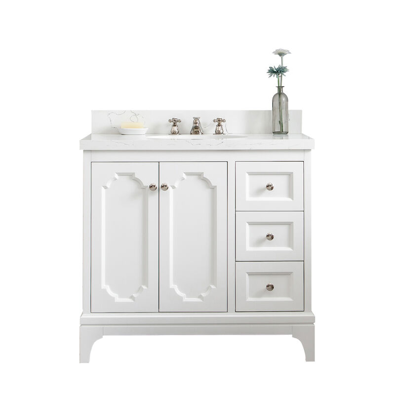 Queen 36 In. Single Sink Sink Carrara Quartz Countertop Bath Vanity in Pure White with Polished Nickel (PVD) Hardware