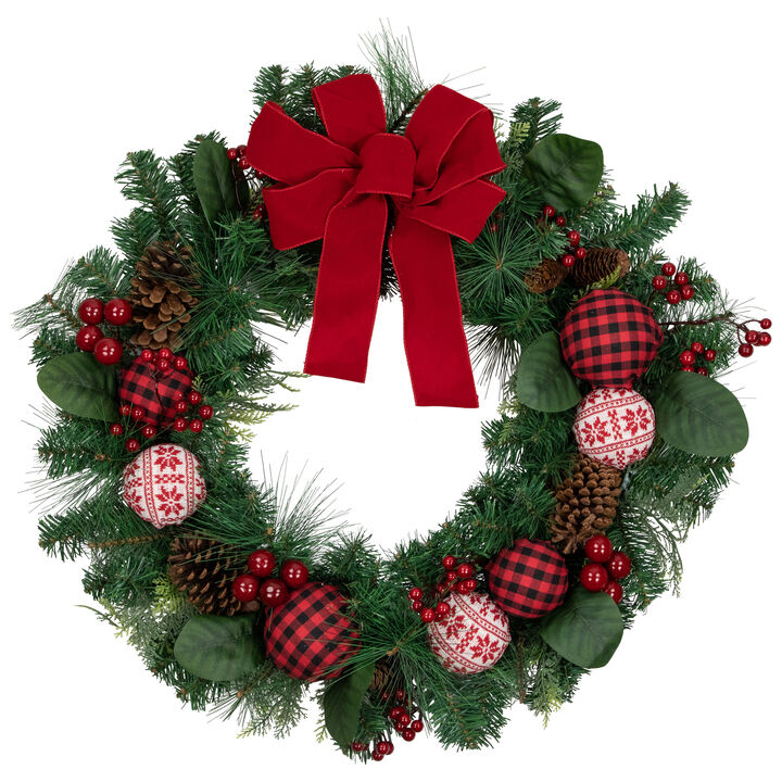 Red Bow and Mixed Foliage Artificial Christmas Wreath with Ornaments  30-Inch