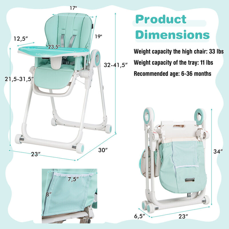 Baby High Chair Foldable Feeding Chair with 4 Lockable Wheels