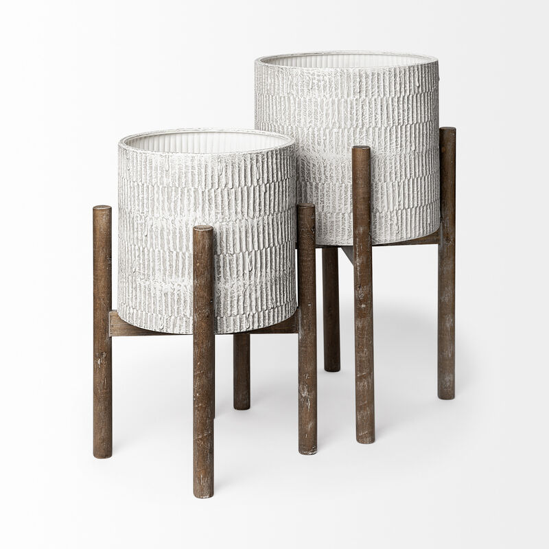 HomeRoots Set of Two Cream And Brown Ceramic And Wood Round Elevated Planters image number 4
