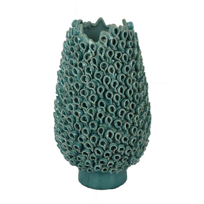 Accent Flower Vase, 3D Coral Textured Teal Green Ceramic 16 Inch - Benzara