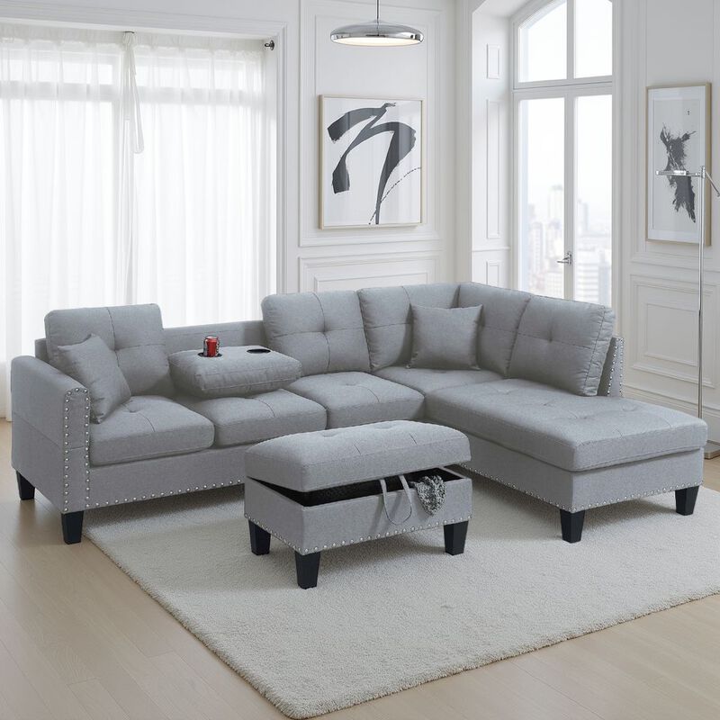 Rema 3pc Sectional Sofa, Chaise, Ottoman, 2 Pillows, Light Gray Linen