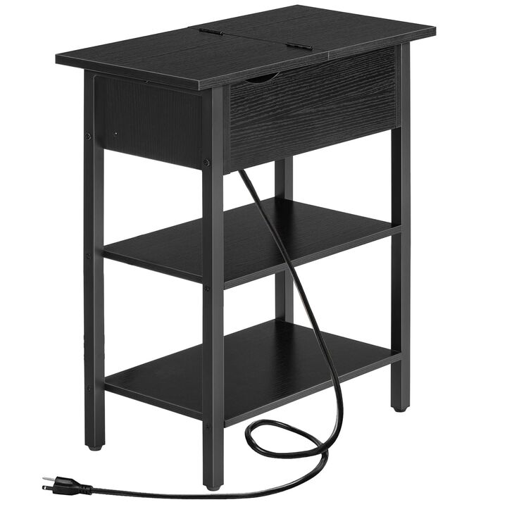 HOOBRO Side Table, Flip End Table with Charging Station and Shelves, USB Ports & Power Outlets, Narrow Nightstand for Small Spac