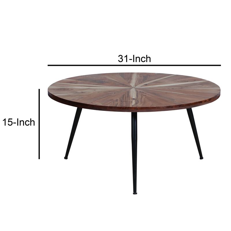 31 Inch Round Acacia Wood Coffee Table, Sunburst Design, Black Powder Coated Tapered Iron Legs, Natural Brown-Benzara image number 8