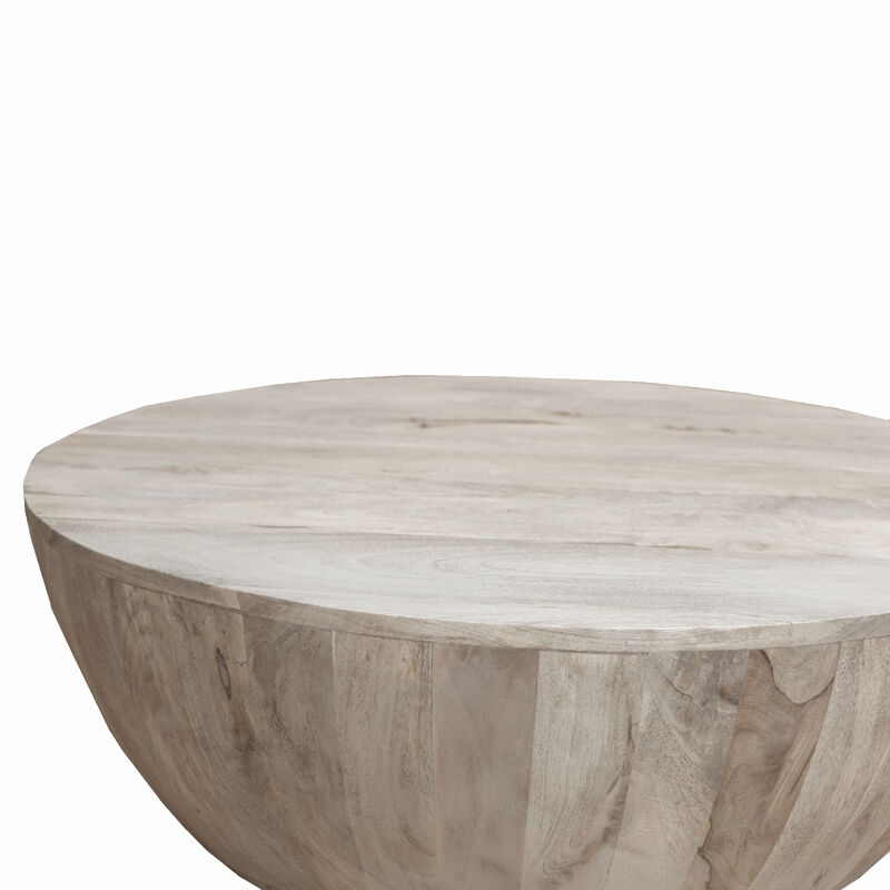 12 Inch Round Mango Wood Coffee Table, Subtle Grains, Distressed White-Benzara