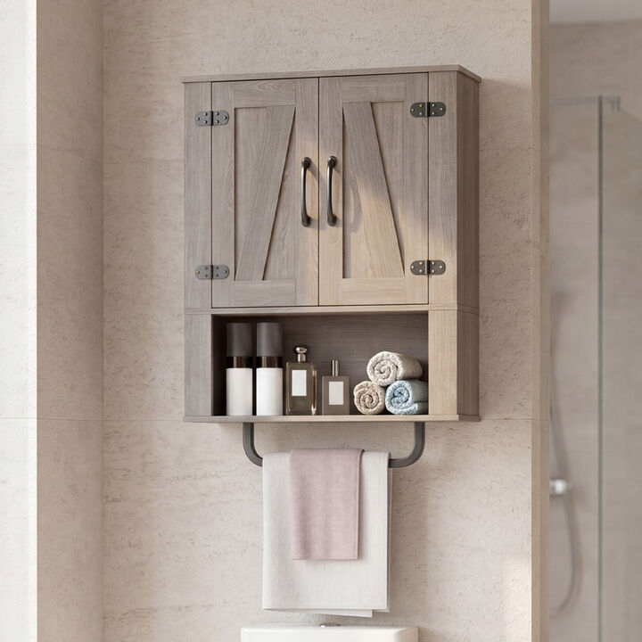 3-Tier Bathroom Wall Cabinet with 2 Barn Doors and Towel Bar