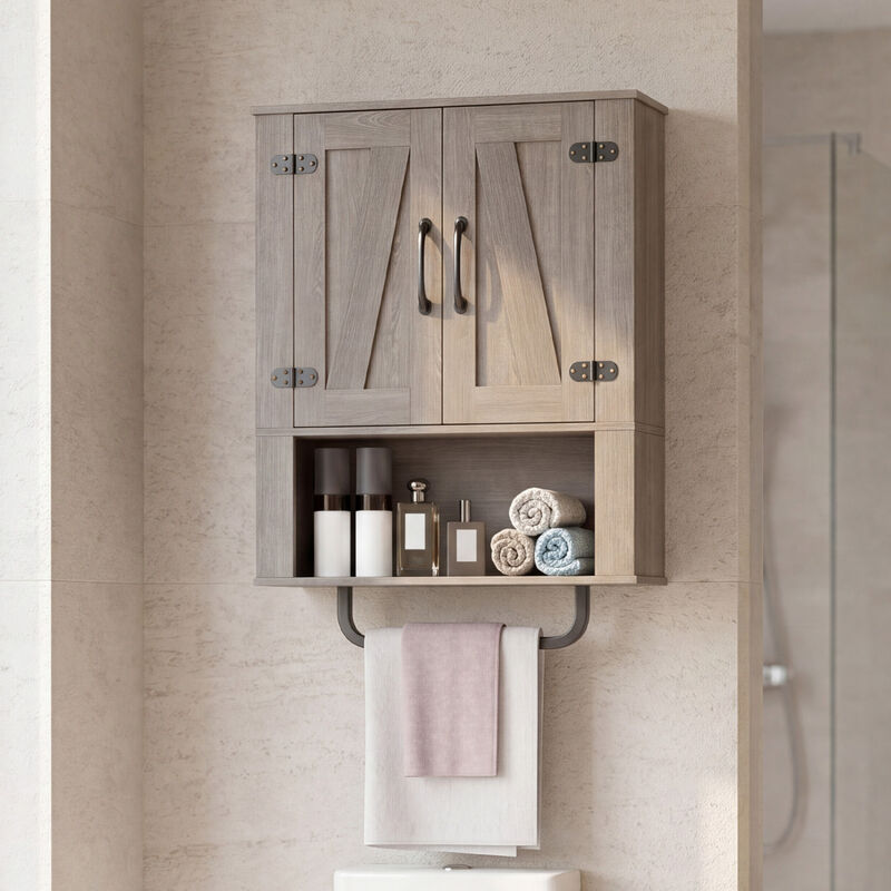 3-Tier Bathroom Wall Cabinet with 2 Barn Doors and Towel Bar image number 1